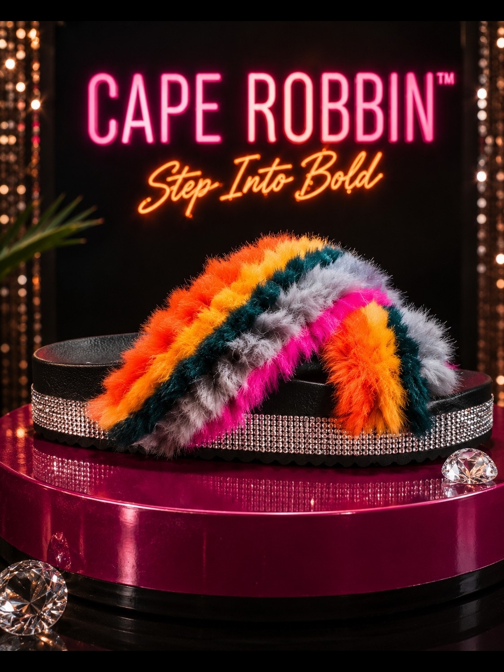 Cape Robbin Multicolor Fuzzy Slide Sandal with Rhinestone Platform
